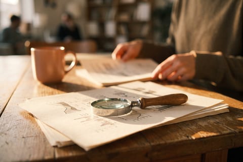 A magnifying glass resting on a stack of printed sheets