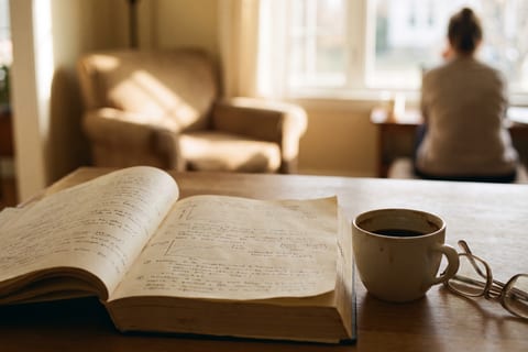 A bound document open on a table beside a coffee
