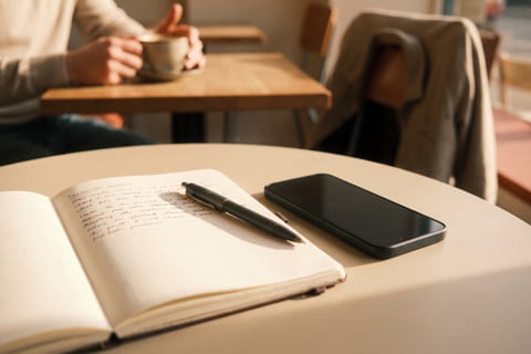 An open notebook with a pen and a face-down phone