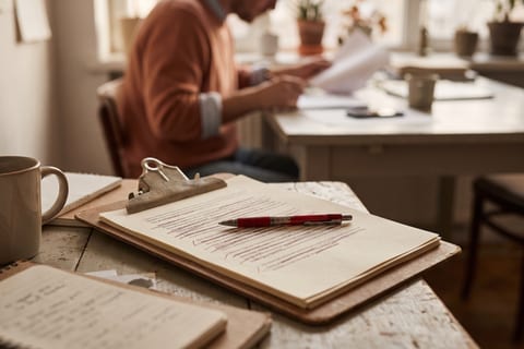 A clipboard with a printed list, most lines struck through
